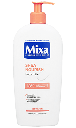 Mixa Shea Nourish vyživujúce telové mlieko s bambuckým maslom na veľmi suchú pokožku